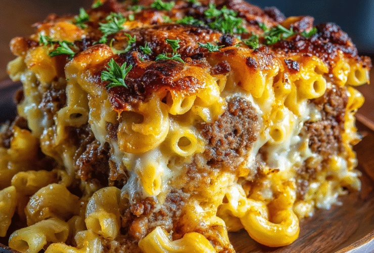 Mac and cheese meatloaf sliced to show golden cheesy macaroni stuffed inside seasoned beef meatloaf with ketchup-brown sugar glaze on top