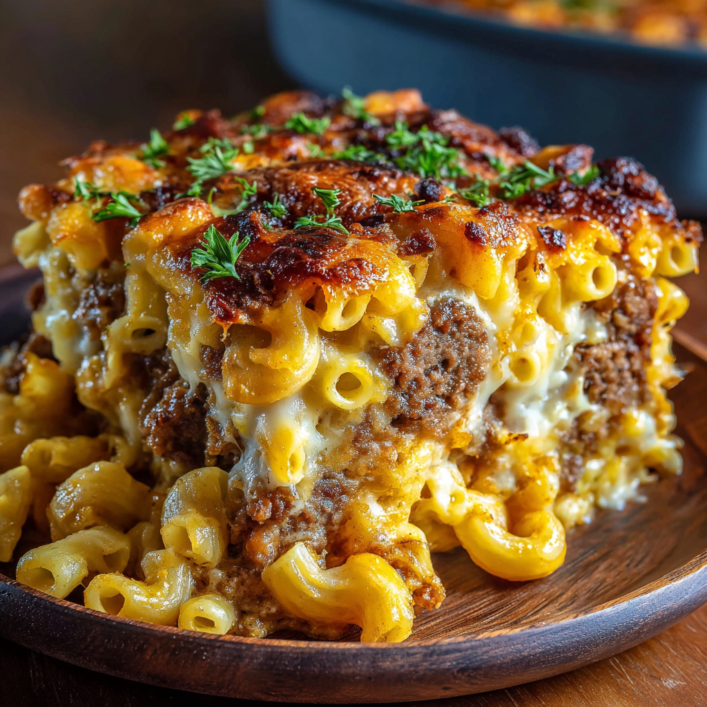 Mac and cheese meatloaf sliced to show golden cheesy macaroni stuffed inside seasoned beef meatloaf with ketchup-brown sugar glaze on top