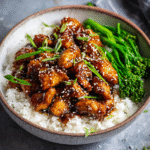 Healthy sesame chicken with glazed chicken pieces, sesame seeds, green onions, served over white rice with broccoli