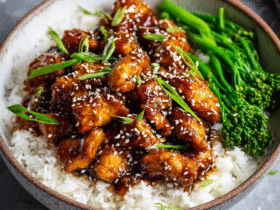 Healthy sesame chicken with glazed chicken pieces, sesame seeds, green onions, served over white rice with broccoli