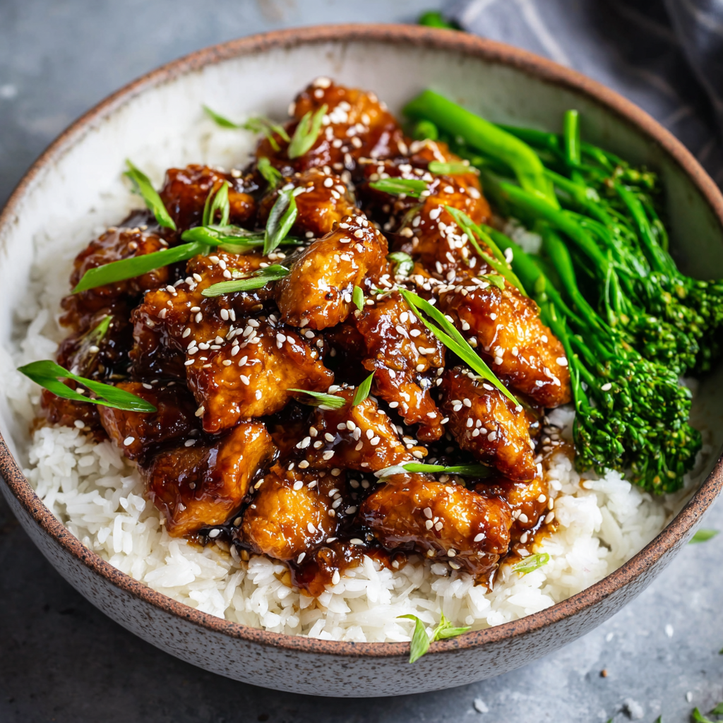 Healthy sesame chicken with glazed chicken pieces, sesame seeds, green onions, served over white rice with broccoli
