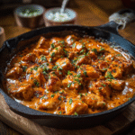Texas Roadhouse butter chicken copycat in a cast-iron skillet with creamy orange sauce, tender chicken pieces, fresh herbs, served family-style