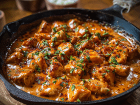 Texas Roadhouse butter chicken copycat in a cast-iron skillet with creamy orange sauce, tender chicken pieces, fresh herbs, served family-style
