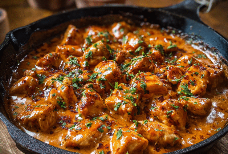 Texas Roadhouse butter chicken copycat in a cast-iron skillet with creamy orange sauce, tender chicken pieces, fresh herbs, served family-style