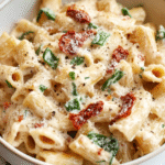 Creamy sun-dried tomato pasta in a white bowl with rigatoni coated in cream sauce, sun-dried tomatoes, baby spinach, parmesan, black pepper