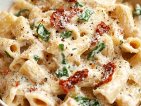 Creamy sun-dried tomato pasta in a white bowl with rigatoni coated in cream sauce, sun-dried tomatoes, baby spinach, parmesan, black pepper