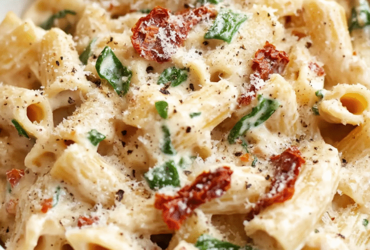 Creamy sun-dried tomato pasta in a white bowl with rigatoni coated in cream sauce, sun-dried tomatoes, baby spinach, parmesan, black pepper