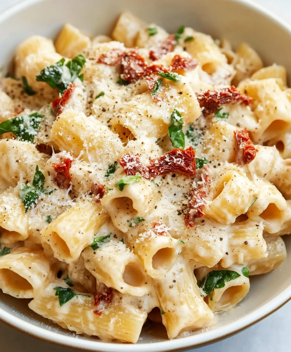 Close-up of rigatoni showing creamy sauce clinging to pasta, ruby sun-dried tomatoes, wilted spinach, parmesan flakes, cracked pepper