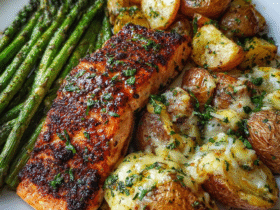 Spiced salmon fillet on a plate with cheesy smashed potatoes, roasted asparagus, fresh herbs, glistening with butter