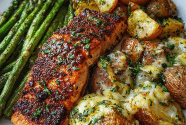 Spiced salmon fillet on a plate with cheesy smashed potatoes, roasted asparagus, fresh herbs, glistening with butter