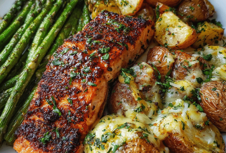Spiced salmon fillet on a plate with cheesy smashed potatoes, roasted asparagus, fresh herbs, glistening with butter