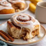 Banana bread cinnamon rolls in a baking dish with golden tops, visible cinnamon-banana swirl, cream cheese glaze drizzled on top