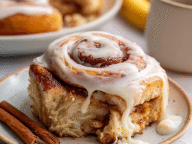 Banana bread cinnamon rolls in a baking dish with golden tops, visible cinnamon-banana swirl, cream cheese glaze drizzled on top
