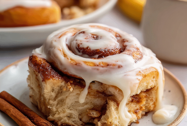 Banana bread cinnamon rolls in a baking dish with golden tops, visible cinnamon-banana swirl, cream cheese glaze drizzled on top