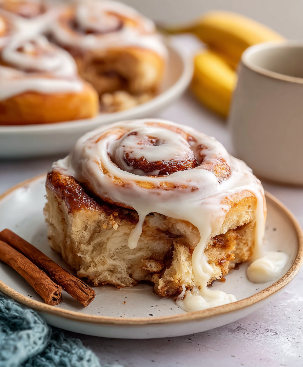 Banana bread cinnamon rolls in a baking dish with golden tops, visible cinnamon-banana swirl, cream cheese glaze drizzled on top