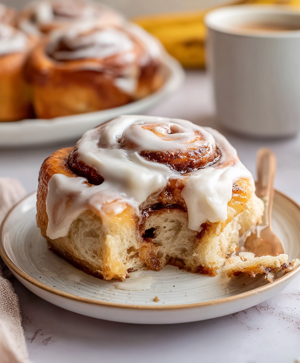 Close-up of one cinnamon roll showing soft banana-bread crumb, dark cinnamon-sugar swirl, melting cream cheese glaze, pull-apart texture