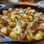 Garlic parmesan chicken in a cast-iron skillet with golden crusted chicken breasts, creamy garlic sauce, parmesan flakes, parsley