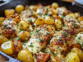 Garlic parmesan chicken in a cast-iron skillet with golden crusted chicken breasts, creamy garlic sauce, parmesan flakes, parsley