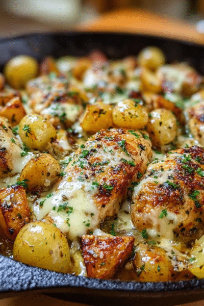 Garlic parmesan chicken in a cast-iron skillet with golden crusted chicken breasts, creamy garlic sauce, parmesan flakes, parsley