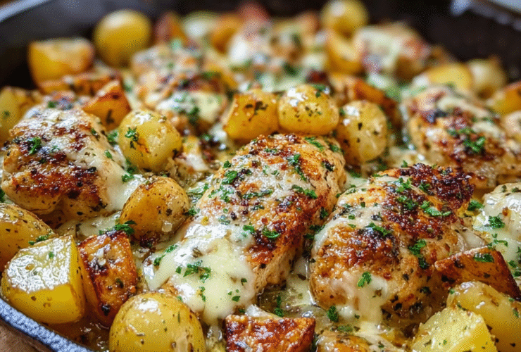 Garlic parmesan chicken in a cast-iron skillet with golden crusted chicken breasts, creamy garlic sauce, parmesan flakes, parsley