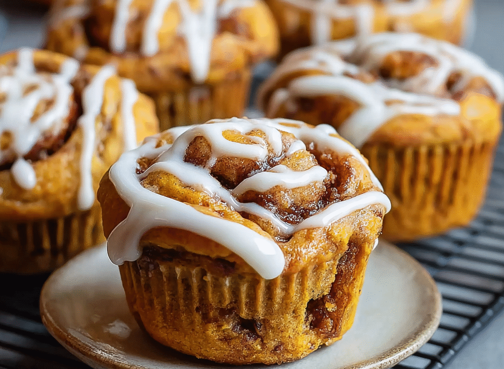 Pumpkin cinnamon roll muffins on a wooden board with visible cinnamon swirl, cream cheese glaze drizzle, dusting of cinnamon sugar
