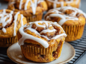 Pumpkin cinnamon roll muffins on a wooden board with visible cinnamon swirl, cream cheese glaze drizzle, dusting of cinnamon sugar