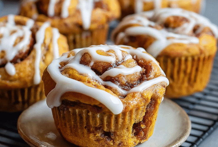 Pumpkin cinnamon roll muffins on a wooden board with visible cinnamon swirl, cream cheese glaze drizzle, dusting of cinnamon sugar