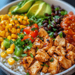 Chicken burrito bowl with marinated grilled chicken, cilantro lime rice, black beans, corn, avocado, tomato salsa, fresh cilantro