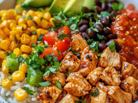 Chicken burrito bowl with marinated grilled chicken, cilantro lime rice, black beans, corn, avocado, tomato salsa, fresh cilantro