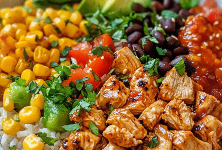 Chicken burrito bowl with marinated grilled chicken, cilantro lime rice, black beans, corn, avocado, tomato salsa, fresh cilantro
