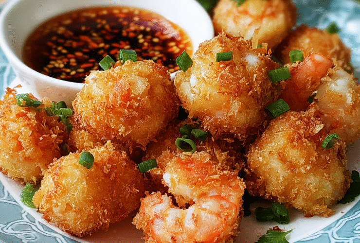 Crispy shrimp balls on a plate with golden-brown crust, sweet chili dipping sauce in a small bowl, green onions, sesame seeds