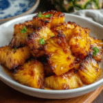 Air fryer caramelized pineapple chunks on a white plate with golden caramelized edges, dusting of cinnamon, fresh mint, drizzle of honey