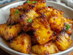 Air fryer caramelized pineapple chunks on a white plate with golden caramelized edges, dusting of cinnamon, fresh mint, drizzle of honey
