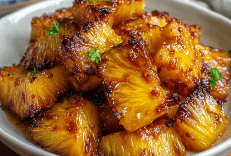 Air fryer caramelized pineapple chunks on a white plate with golden caramelized edges, dusting of cinnamon, fresh mint, drizzle of honey