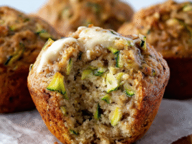 Banana zucchini muffins on a wooden board with golden tops, visible zucchini and banana, dusting of cinnamon sugar, walnuts