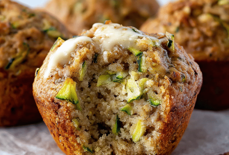 Banana zucchini muffins on a wooden board with golden tops, visible zucchini and banana, dusting of cinnamon sugar, walnuts