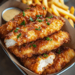 Crispy chicken tenders in a paper-lined basket with golden crunchy coating, fries on the side, honey mustard dipping sauce, fresh herbs