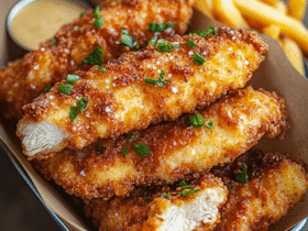 Crispy chicken tenders in a paper-lined basket with golden crunchy coating, fries on the side, honey mustard dipping sauce, fresh herbs