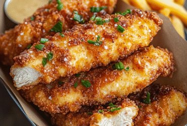 Crispy chicken tenders in a paper-lined basket with golden crunchy coating, fries on the side, honey mustard dipping sauce, fresh herbs