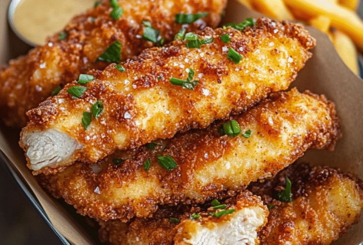 Crispy chicken tenders in a paper-lined basket with golden crunchy coating, fries on the side, honey mustard dipping sauce, fresh herbs