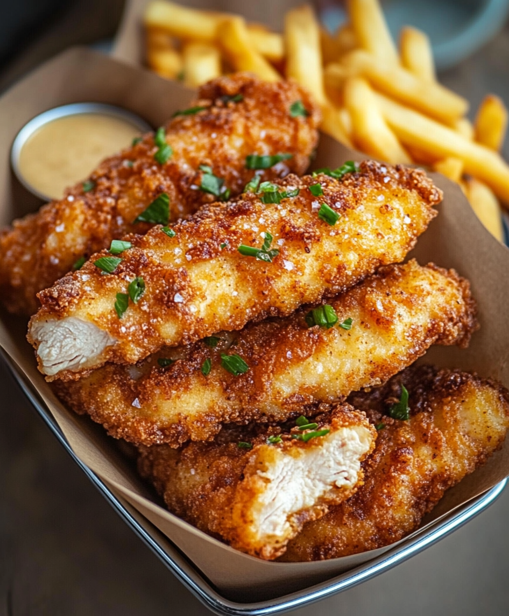 Crispy chicken tenders in a paper-lined basket with golden crunchy coating, fries on the side, honey mustard dipping sauce, fresh herbs