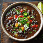 Hearty black bean soup in a rustic bowl with thick dark broth, jalapeño slices, sour cream swirl, cilantro, red bell pepper, lime wedge
