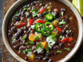 Hearty black bean soup in a rustic bowl with thick dark broth, jalapeño slices, sour cream swirl, cilantro, red bell pepper, lime wedge