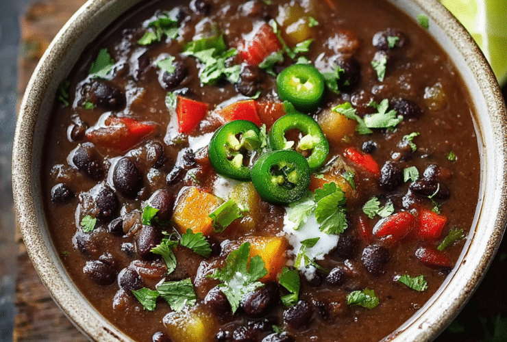 Hearty black bean soup in a rustic bowl with thick dark broth, jalapeño slices, sour cream swirl, cilantro, red bell pepper, lime wedge