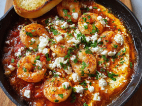 Shrimp saganaki in a cast-iron pan with plump pink shrimp in chunky tomato sauce, melted feta crumbles, fresh oregano, lemon wedge