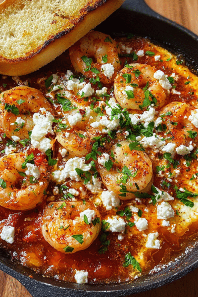 Shrimp saganaki in a cast-iron pan with plump pink shrimp in chunky tomato sauce, melted feta crumbles, fresh oregano, lemon wedge