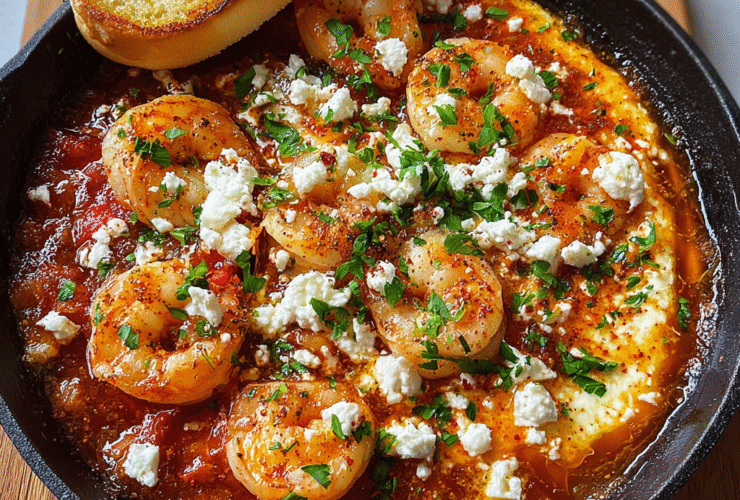 Shrimp saganaki in a cast-iron pan with plump pink shrimp in chunky tomato sauce, melted feta crumbles, fresh oregano, lemon wedge