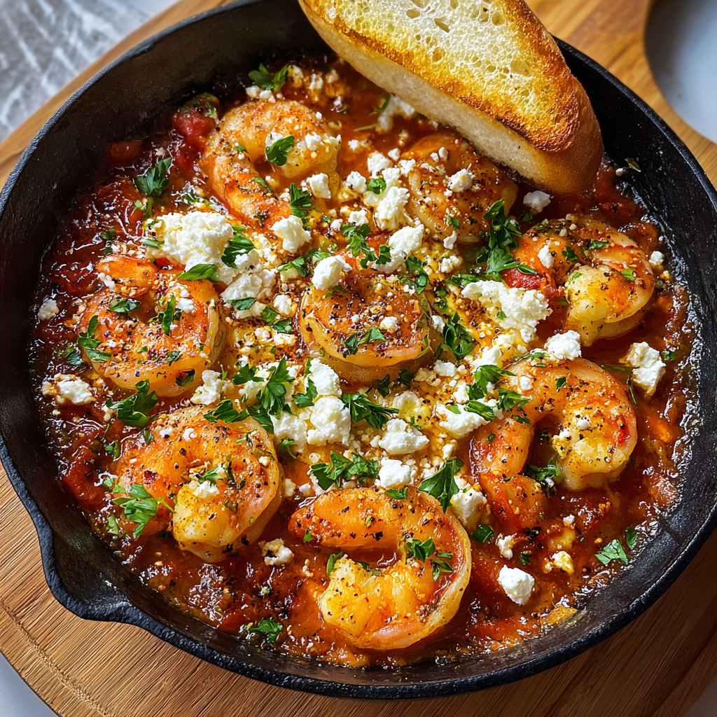 Close-up of shrimp saganaki showing juicy shrimp, melted feta pockets, rich tomato sauce, fresh oregano leaves, olive oil glisten