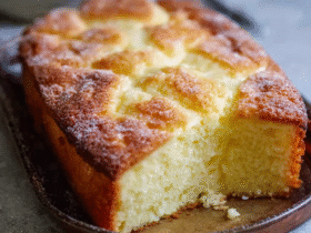 French butter cake on a serving plate with golden crosshatched top, deep amber color, dusting of powdered sugar, slice cut showing dense texture