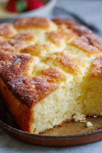 French butter cake on a serving plate with golden crosshatched top, deep amber color, dusting of powdered sugar, slice cut showing dense texture